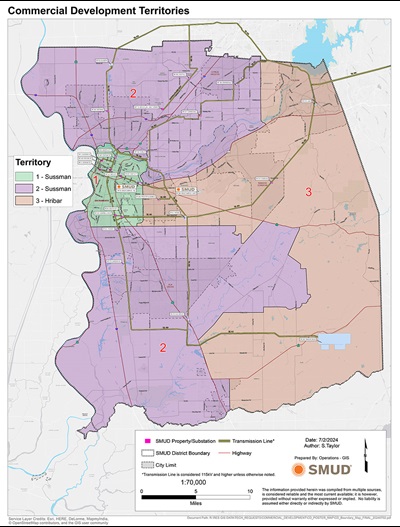 Mapa de territorios de desarrollo comercial que enumera el representante de SMUD para cada uno.