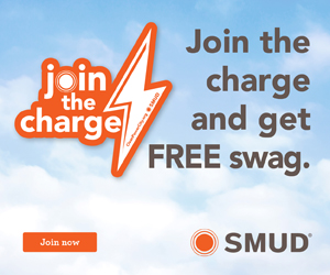"Join the charge" sticker with SMUD logo and text: "Join the charge at get FREE swag."